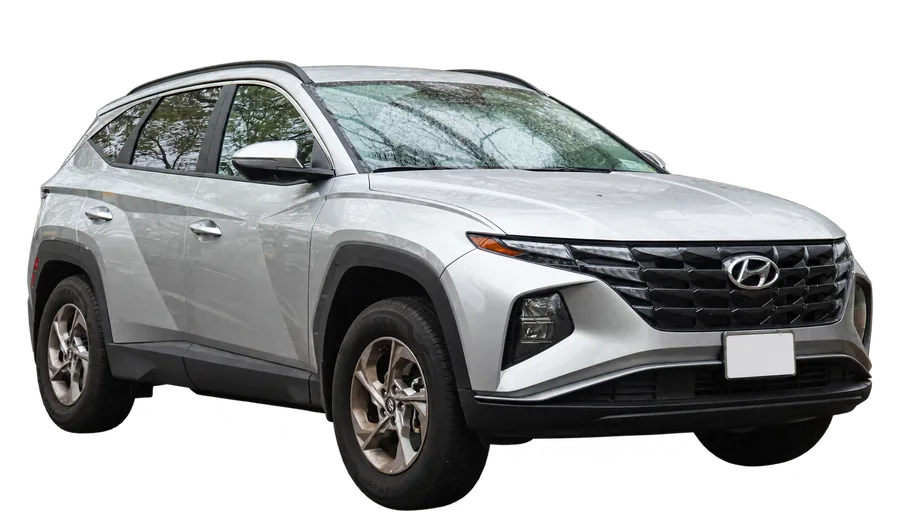 Location Tucson Marrakech : Hyundai Tucson grise, vue trois quarts avant