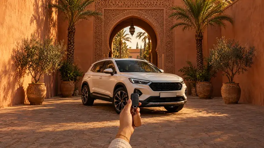 Agence de location de voiture à Marrakech : clé tendue devant un SUV blanc de la flotte Choumacars
