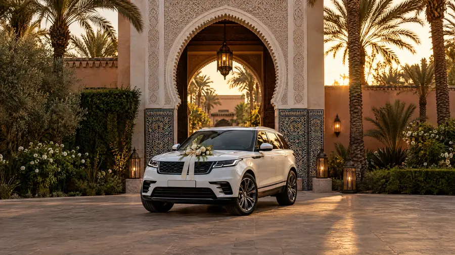Location voiture mariage Marrakech, Range Rover Sport Choumacars devant une villa de la Palmeraie