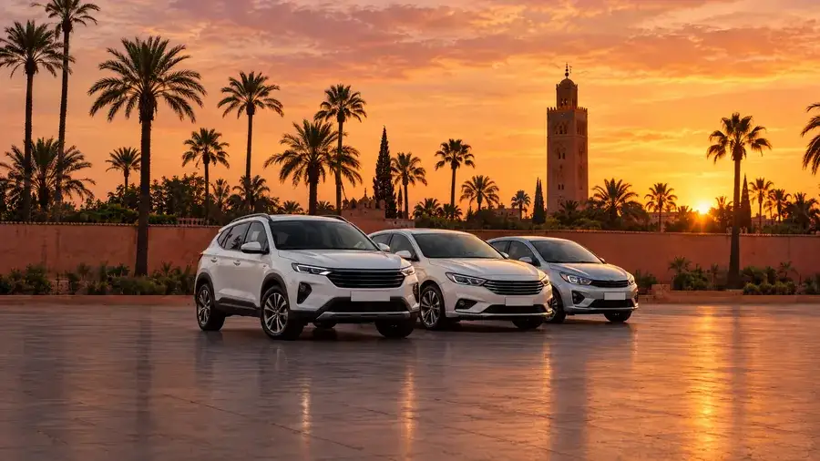 Nos voitures de location à Marrakech : SUV, berline et citadine au coucher du soleil près de la Koutoubia