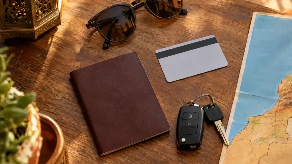 Driving licence and documents to rent a car in Morocco on a table