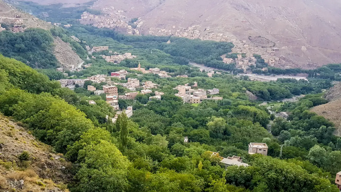 Green Imlil valley and Berber villages below the High Atlas, a short drive from Marrakech