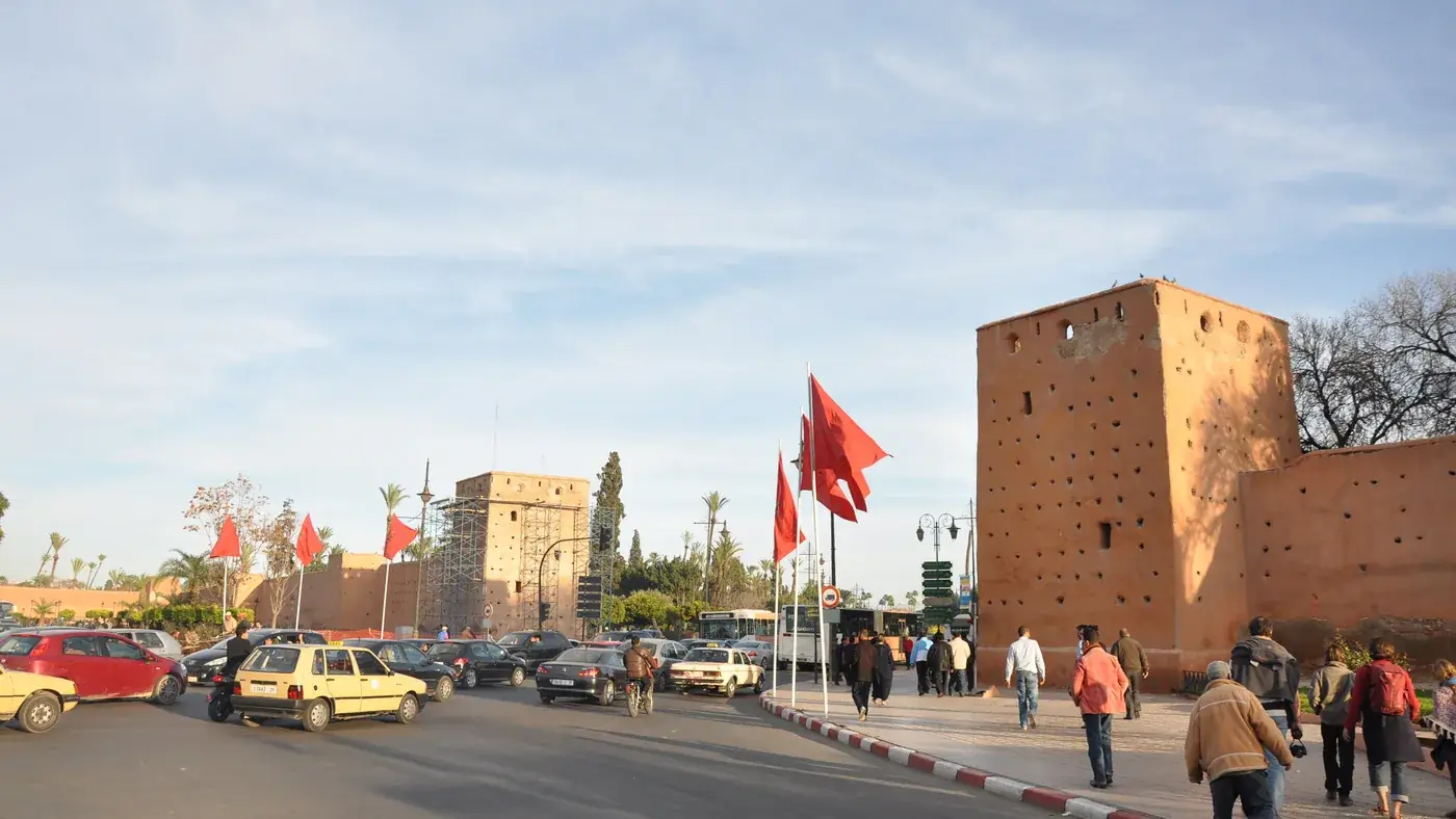 Traffic by a gate in the Marrakech medina walls