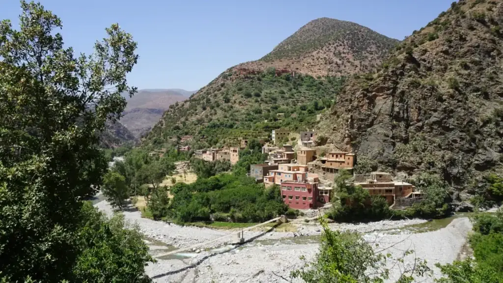 Terraced village on the riverbank in the Ourika Valley