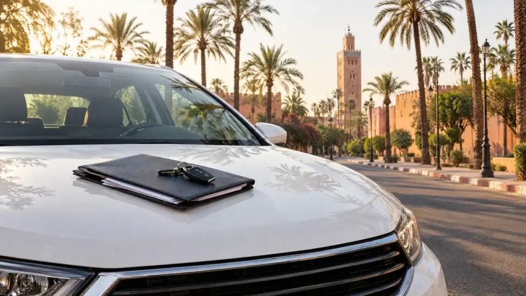 Car rental insurance in Morocco: documents and keys on a car in Marrakech
